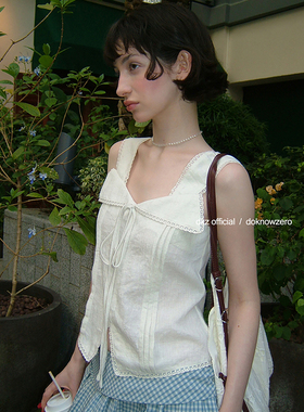 DKZ 杏色麻感背心女夏季新款蕾丝边翻领设计感无袖上衣