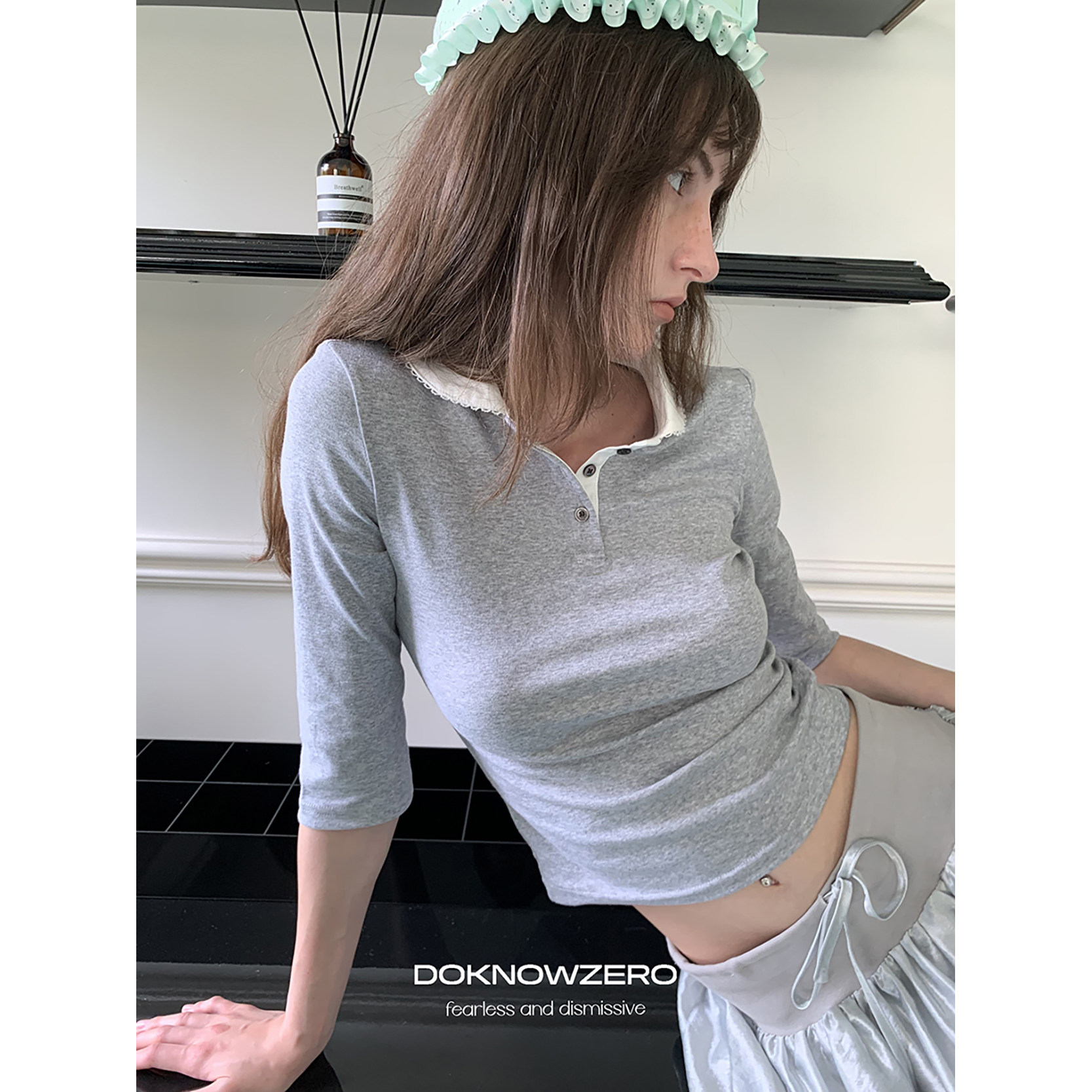 DKZ 娃娃领中袖T恤女夏季新款修身少女感上衣