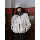 现货 DKZ 杏色摇粒绒外套女冬季 新款 格纹拼接摇摇木马刺绣上衣