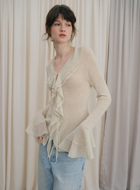 DKZ 不规则木耳边飘带v领春季新款微透感针织长袖t恤