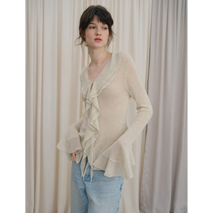 微透感针织长袖 新款 t恤 不规则木耳边飘带v领春季 DKZ
