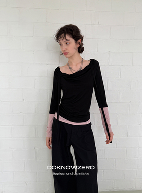 DKZ 黑色针织上衣女秋季新款修身假两件拼接飘带长袖