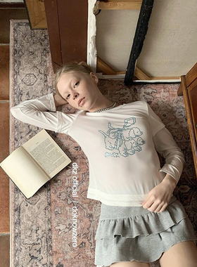 DKZ 白色天丝假两件长袖t恤女秋季新款烫钻小狗印花上衣