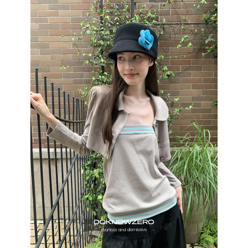 DKZ 娃娃领针织短款外套女初秋新款条纹拼接抹胸两件套