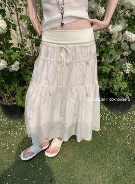 DKZ 针织腰头伞裙女夏季新款莱赛尔纤维宽松复古花朵印花中长裙