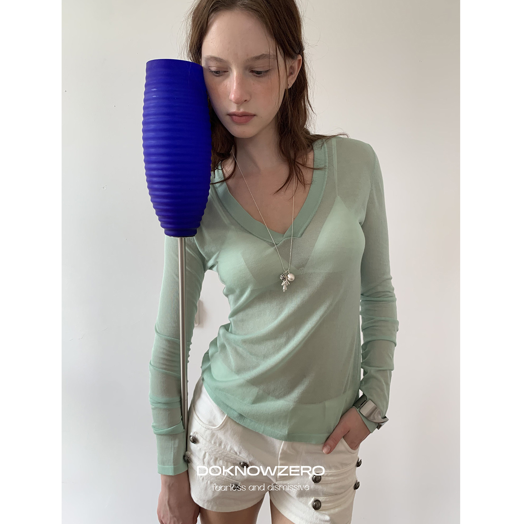 DKZ V领薄款防晒长袖t恤女夏季新款慵懒亲肤感上衣