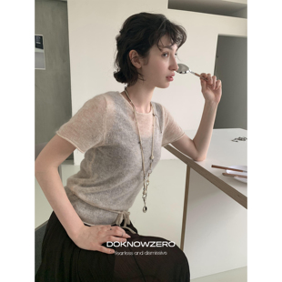 DKZ 羊毛马海毛绑带针织短袖女秋季新款薄款针织上衣