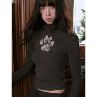 DKZ 高领针织上衣女秋冬新款修身毛毛猫爪拼接打底衫