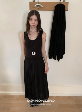 DKZ 黑色背心连衣裙女秋季新款修身拼接长裙