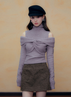 DKZ 紫色针织两件套女秋小高领针织背心蝴蝶结套头衫