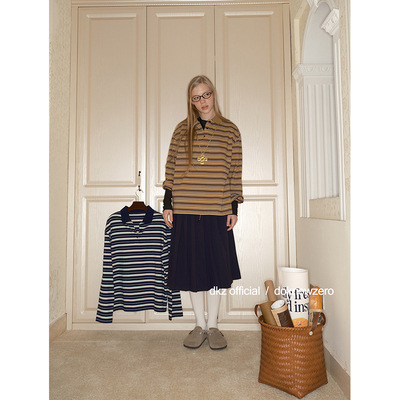 DKZ 复古polo领长袖t恤女秋季新款宽松学院风上衣