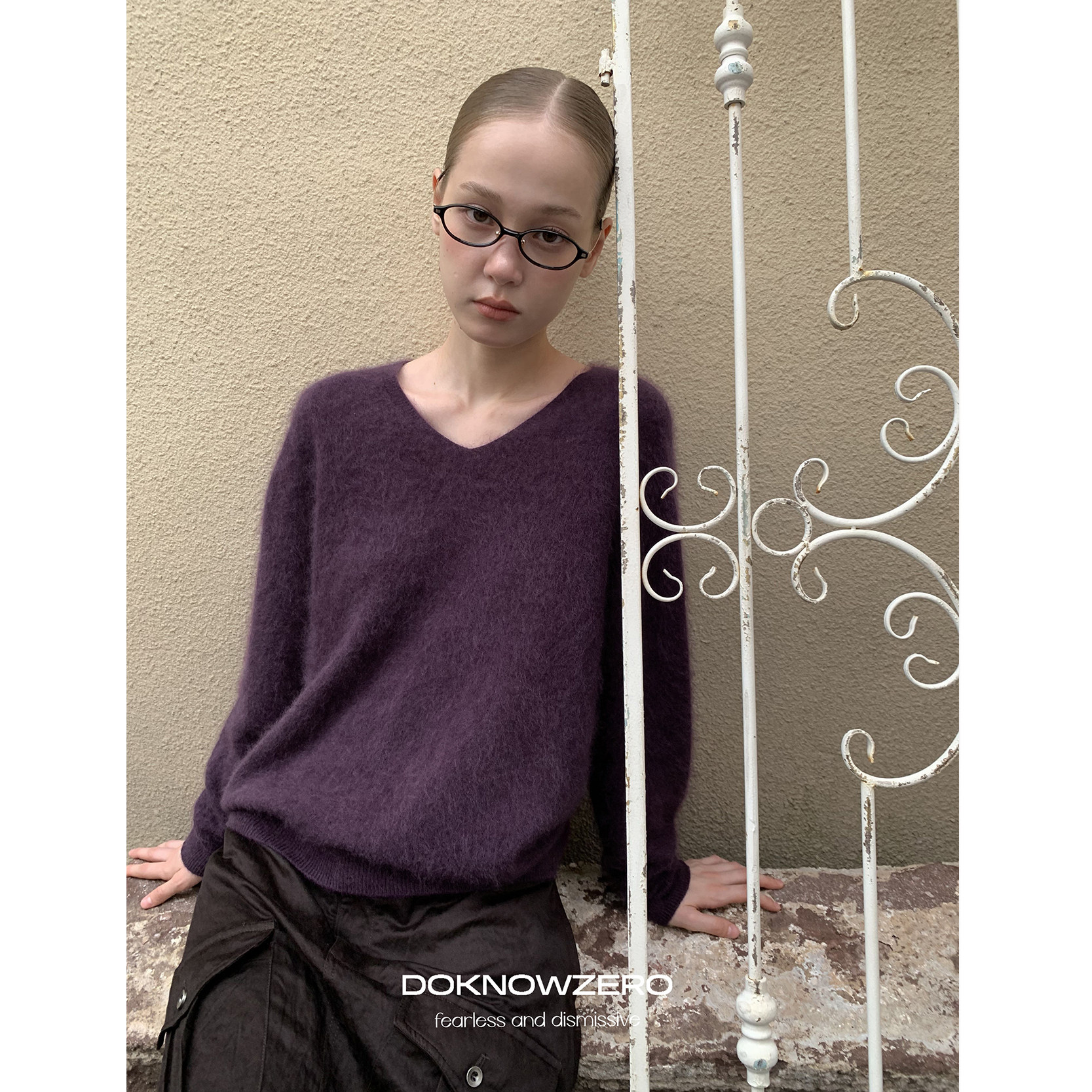 DKZ 绵羊毛v领长袖针织衫女秋季薄款拉毛绒感百搭上衣