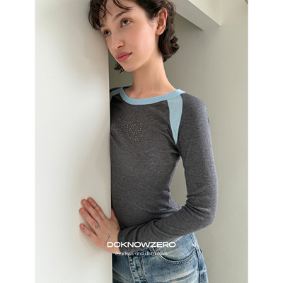 DKZ 撞色插肩袖长袖女秋季新款修身烫钻印花上衣