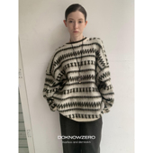 新款 DKZ 杏色圆领毛衣女冬季 宽松复古条纹针织上衣