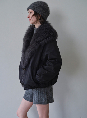 DKZ 黑色翻边毛领鹅绒外套女冬季新款韩版简约保暖羽绒服