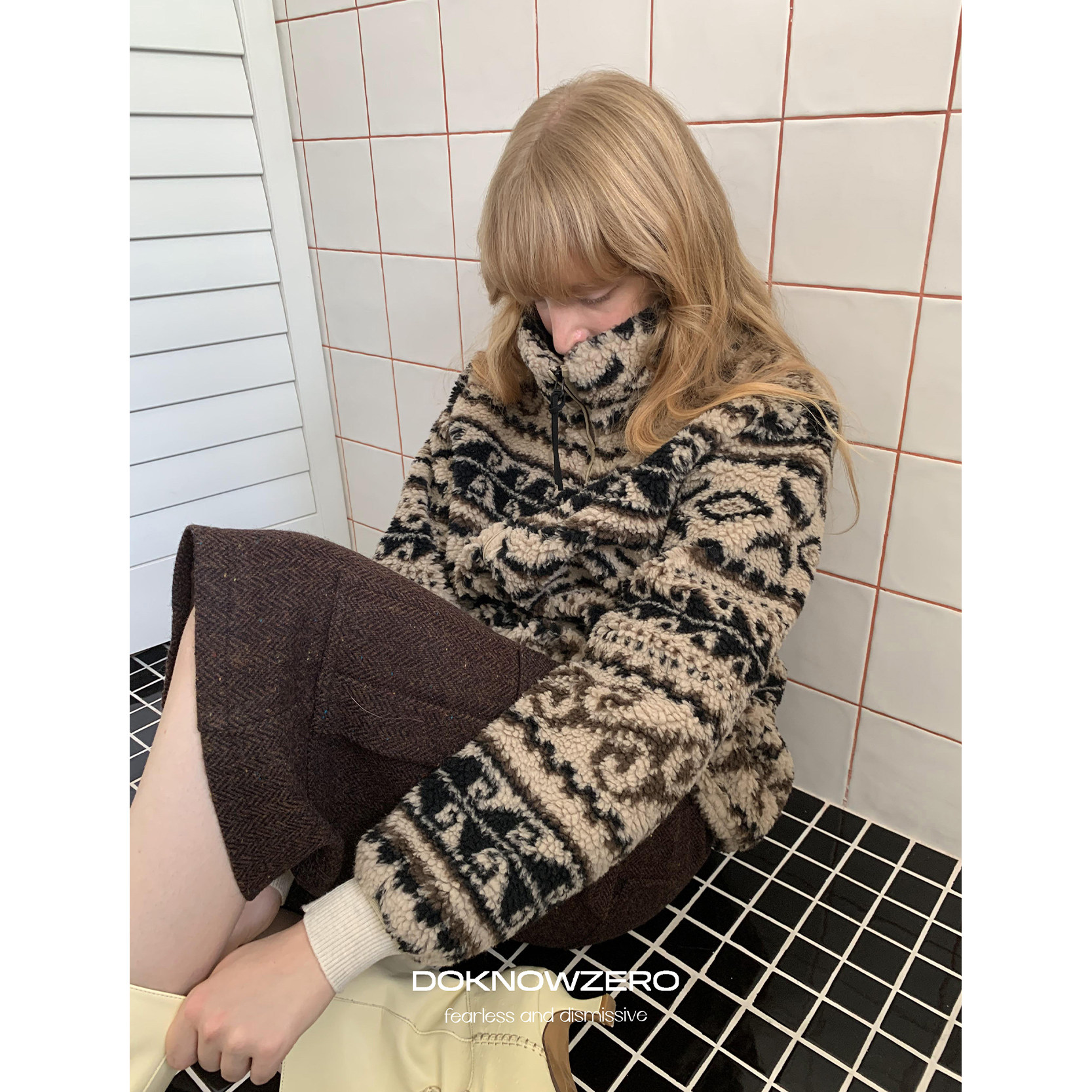 DKZ 复古费尔岛提花摇粒绒外套女冬季新款宽松民族风保暖上衣