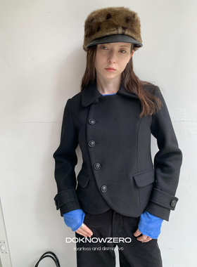 DKZ 黑色羊毛混纺短款毛呢外套女冬季修身复古斜门襟上衣