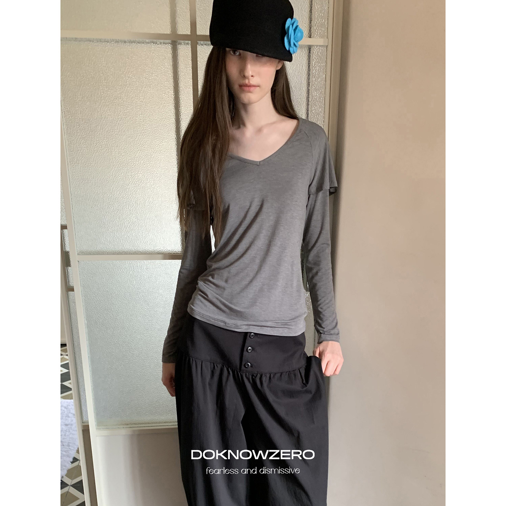 DKZ 假两件长袖女秋季新款斗篷拼接结构设计感修身上衣