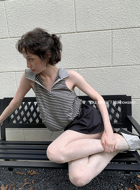 DKZ 条纹连帽背心女宽松简约下摆可调节抽绳无袖上衣