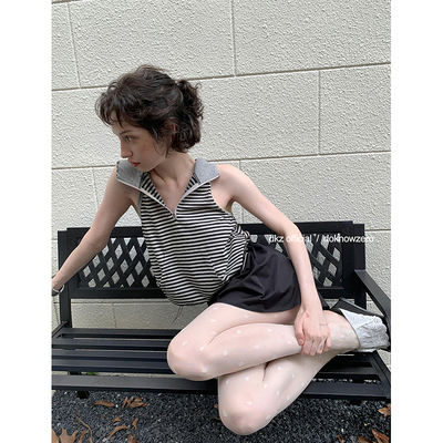 DKZ 条纹连帽背心女宽松简约下摆可调节抽绳无袖上衣