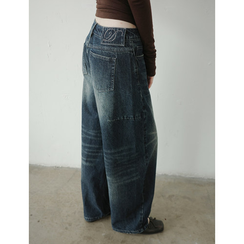 DKZ 深蓝色阔腿牛仔裤女秋冬宽松复古水洗撞钉设计长裤