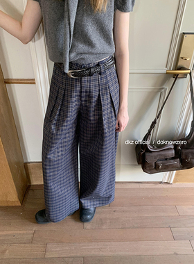 DKZ 深蓝色格纹休闲裤女秋冬新款宽松复古慵懒阔腿长裤