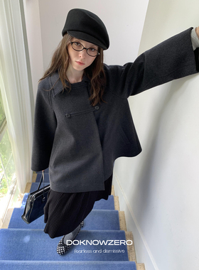 DKZ深灰色60%羊毛宽松斗篷大衣女秋冬复古英伦风毛呢外套