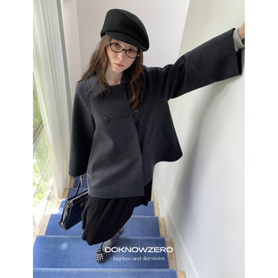 DKZ 复古英伦风毛呢外套 深灰色60%羊毛宽松斗篷大衣女秋冬新款