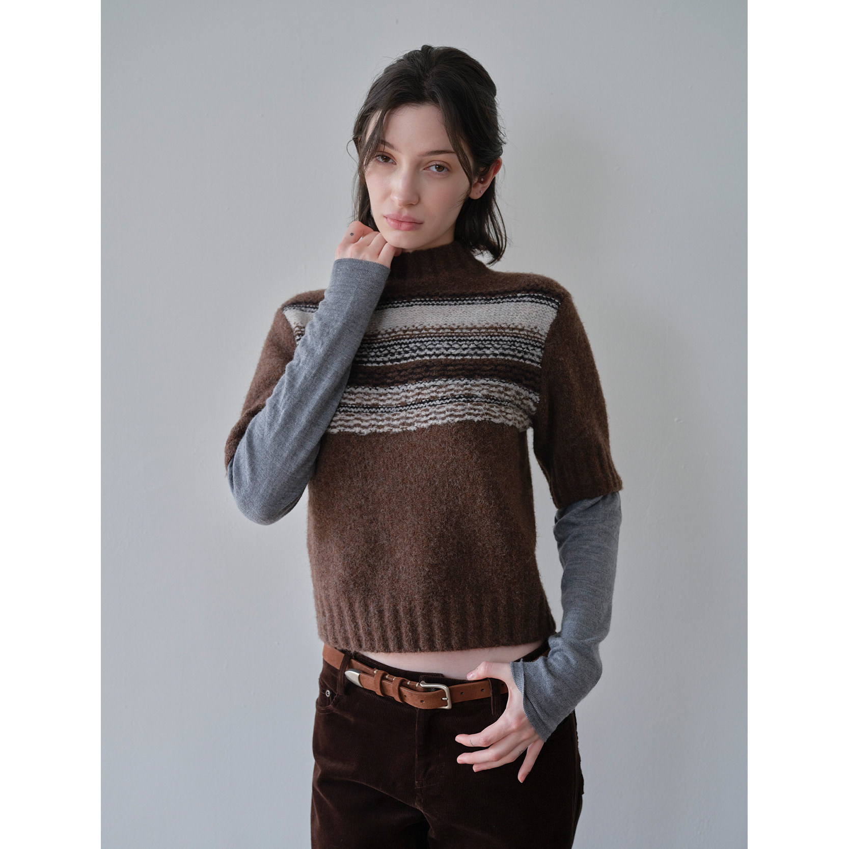 DKZ  半高领假两件针织衫女秋冬复古提花拼接针织上衣