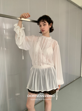 DKZ 白色木耳边长袖衬衫女秋季新款微透拼接复古衬衣