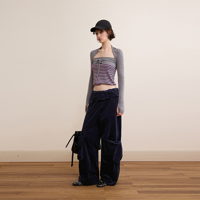 DKZ 复古修身针织坎肩条纹抹胸背心秋季新款两件套