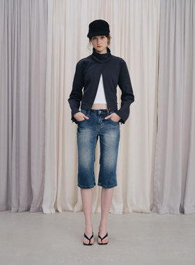 DKZ 蓝色利落感短裤机车外套女春季新款复古可收腰夹克上衣