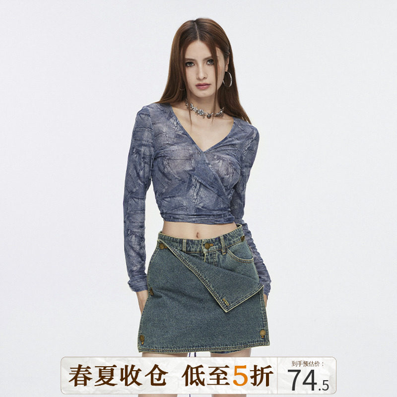 DKZ 薄款V领网纱防晒打底衫t恤女装早秋绝美别致短款长袖辣妹上衣