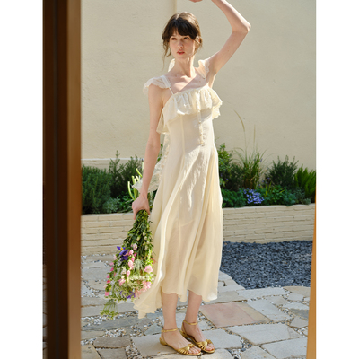 DKZ法式复古蕾丝吊带收腰连衣裙