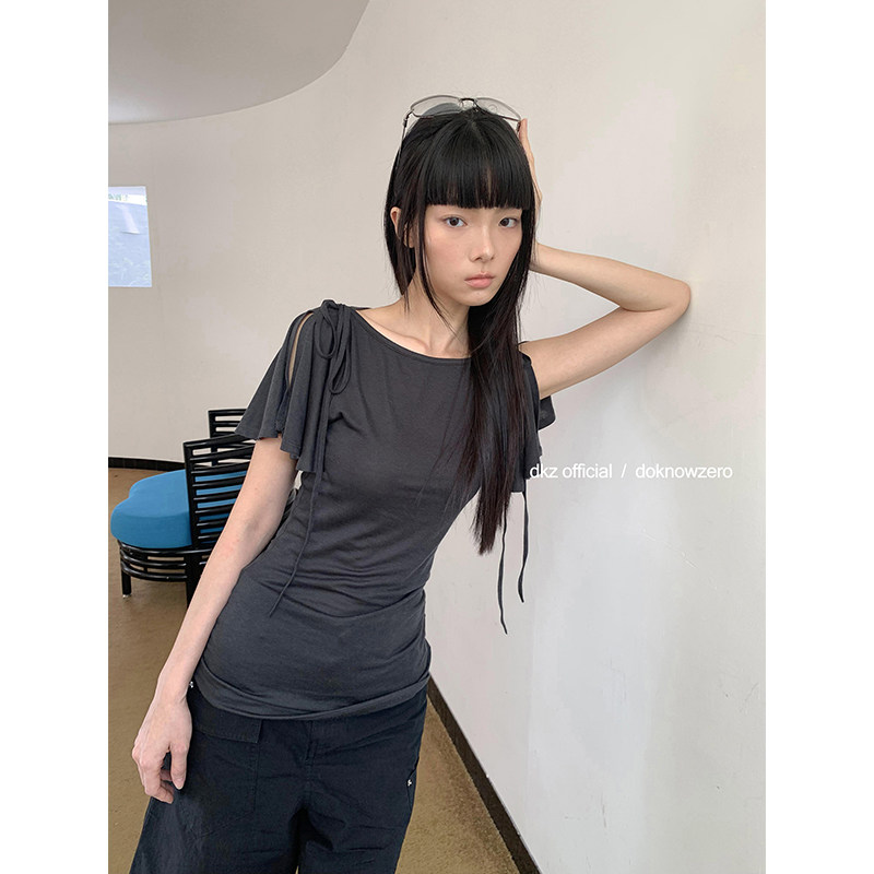 DKZ 开叉芭蕾袖一字领t恤女夏季新款修身显瘦上衣