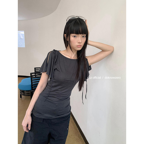 DKZ 开叉芭蕾袖一字领t恤女夏季新款修身显瘦上衣