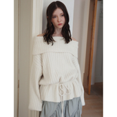 宽松露肩抽绳设计针织上衣 一字领翻边毛衣女秋冬新款 现货 DKZ