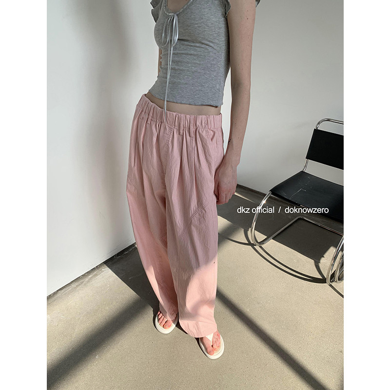 DKZ  粉色立体剪裁阔腿裤女夏季新款宽松松紧腰休闲长裤