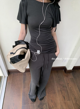DKZ  灰色休闲裤女夏季新款简约百搭抽绳针织直筒长裤