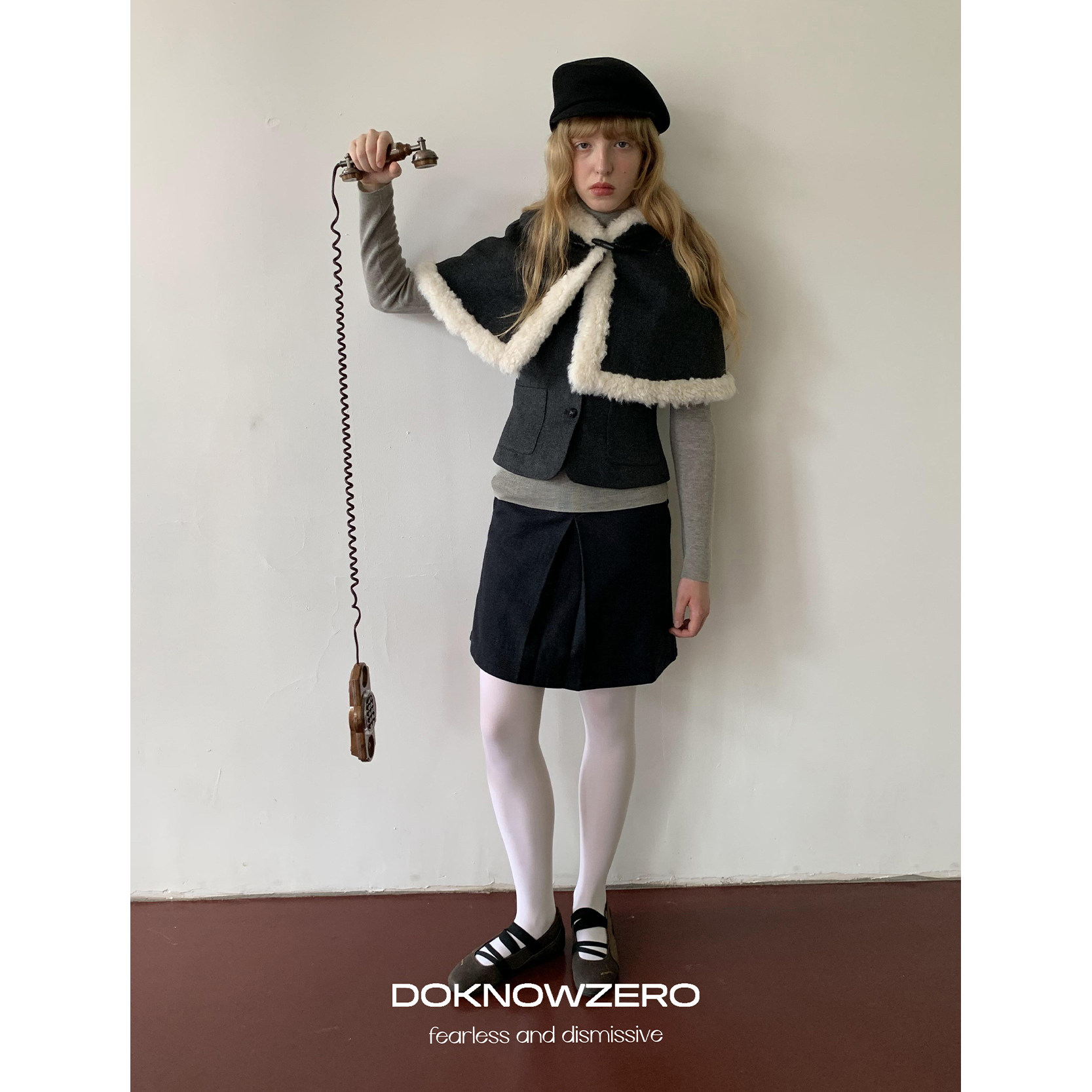 【现货】DKZ 冬季新款复古毛边夹棉斗篷马甲两件套