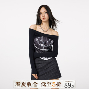 DKZ丝巾拼接假两件一字肩针织上衣初秋女装新款长袖t恤早秋季穿搭