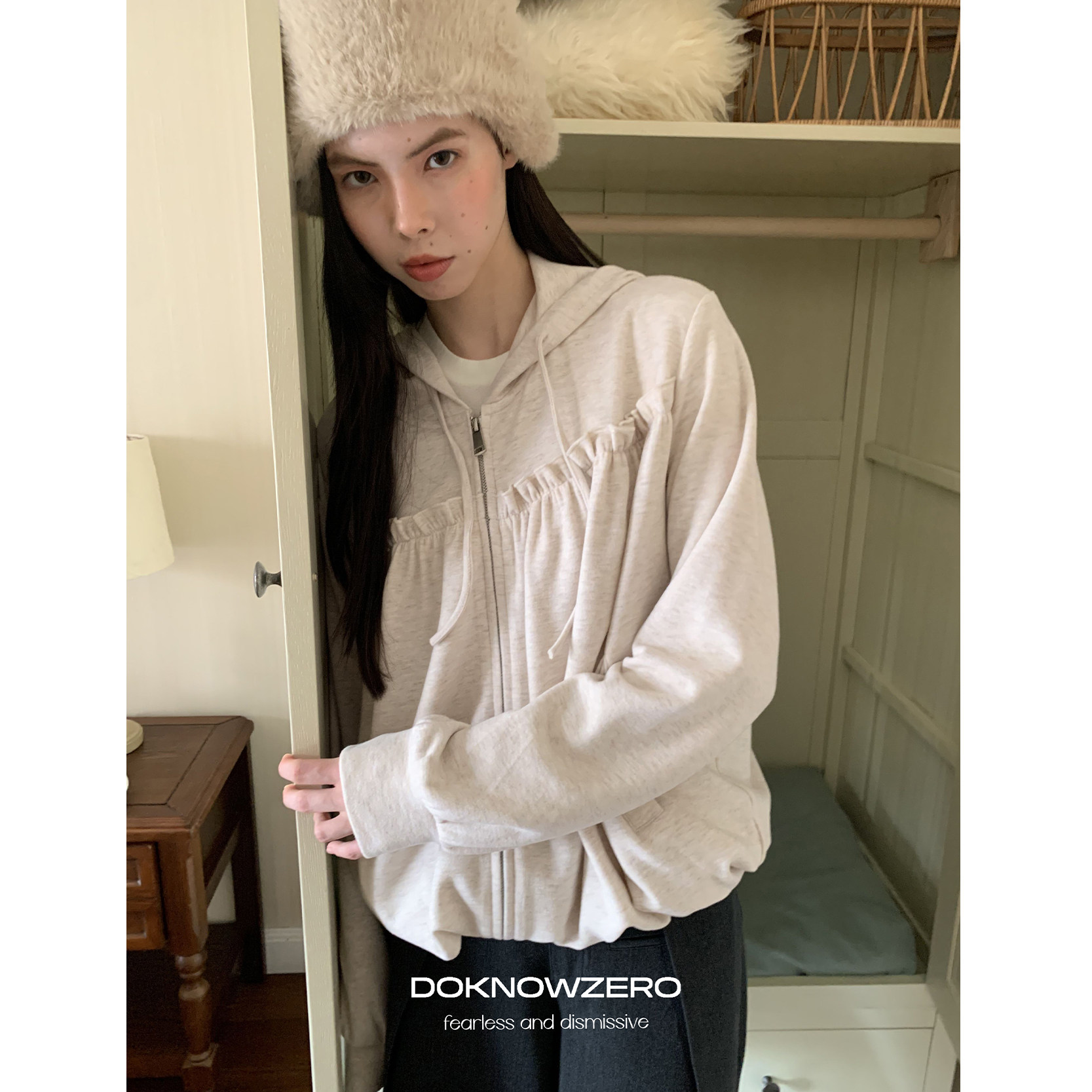 DKZ 杏色荷叶边开衫连帽卫衣女秋冬新款宽松堆堆下摆外套