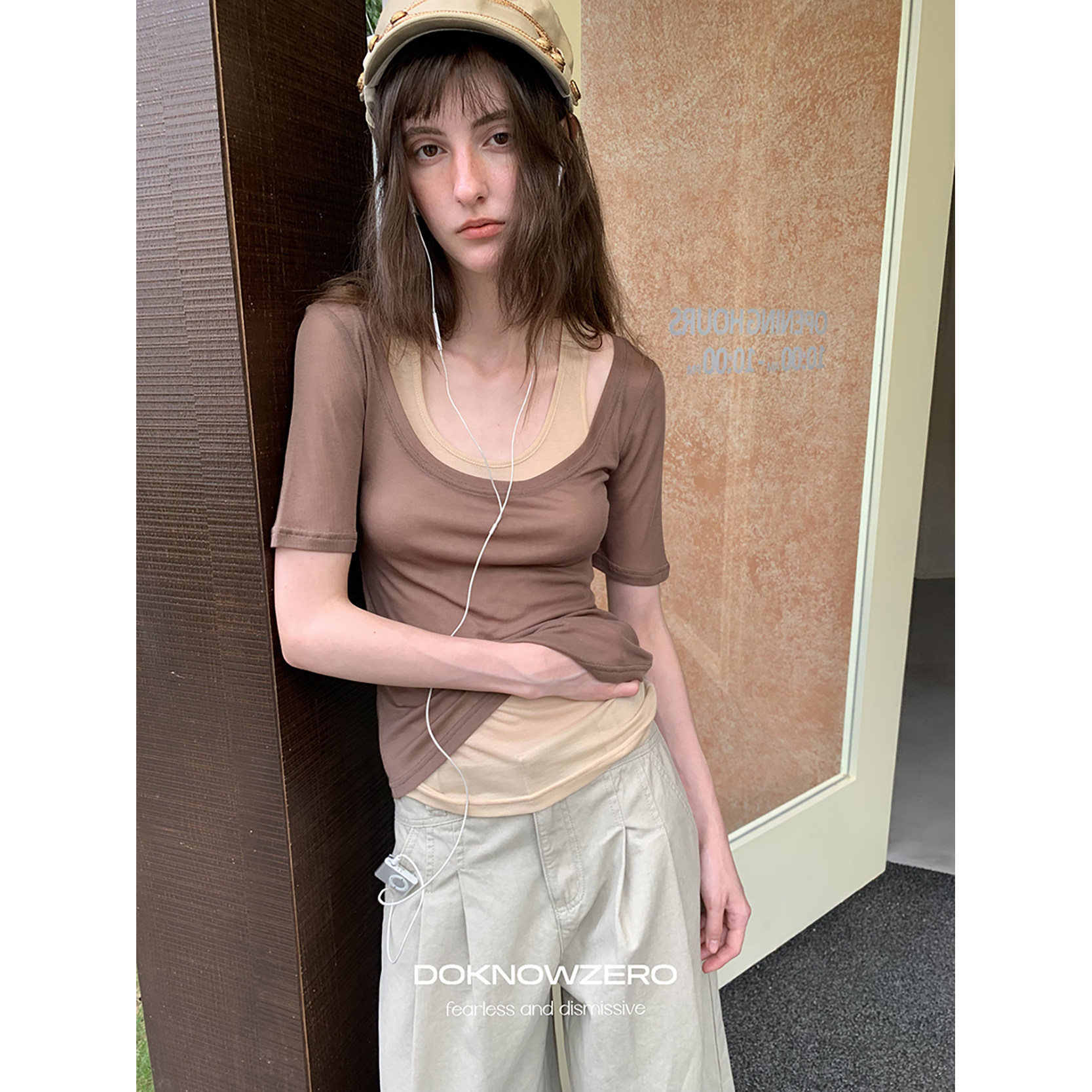 【现货】DKZ 撞色U领短袖t恤女夏季新款复古上衣