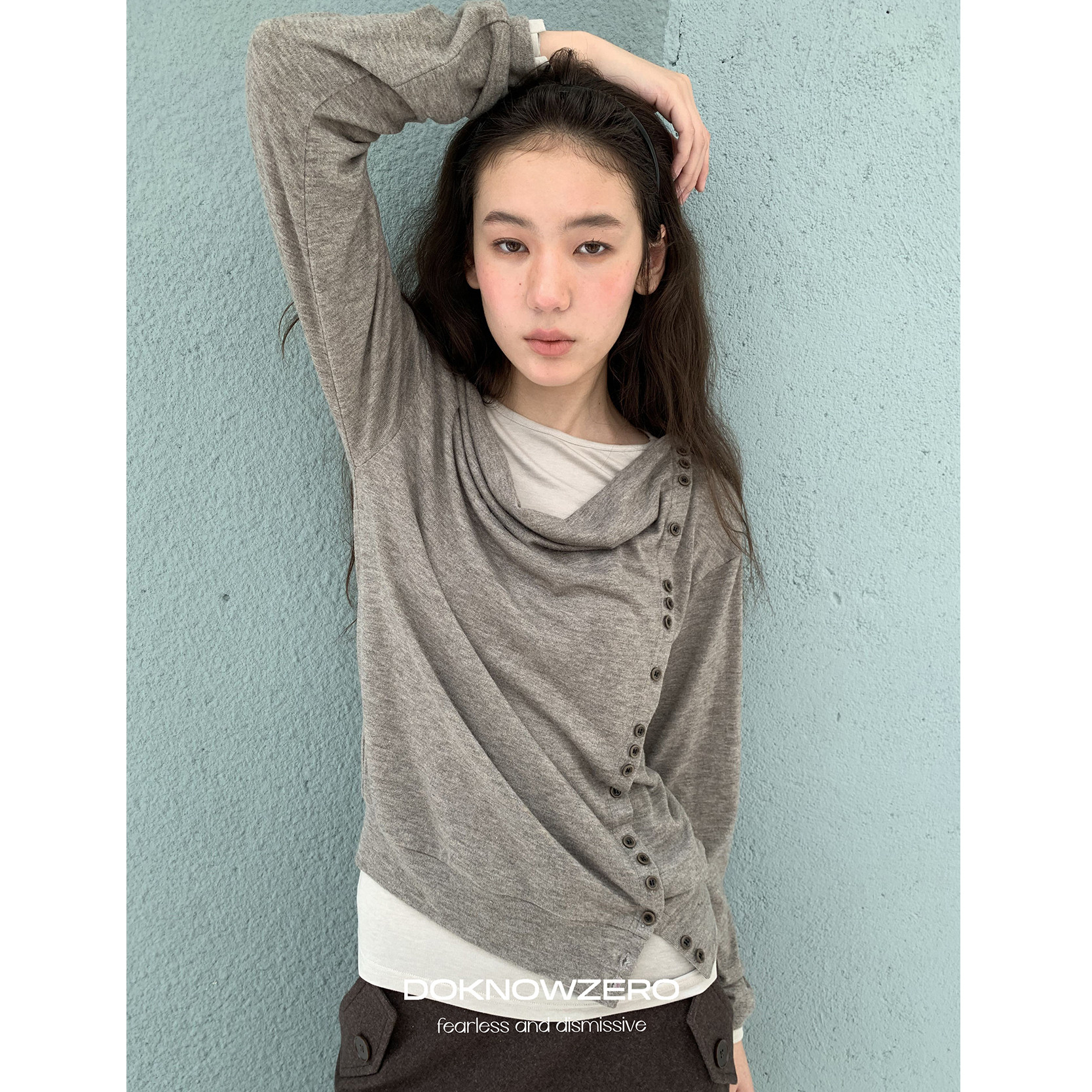 DKZ 斜门襟荡领开衫外套女秋季新款内搭长袖打底衫两件套