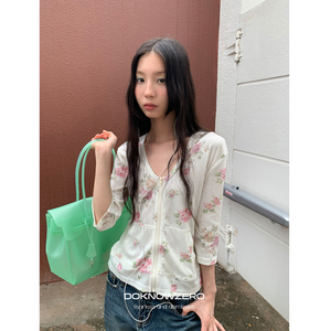 【现货】DKZ 碎花中袖连帽开衫外套女夏季轻薄百搭空调衫