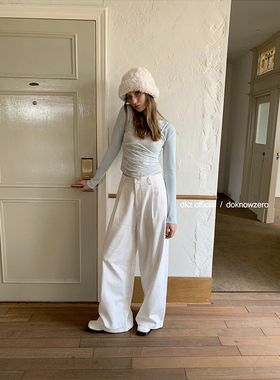 DKZ 白色休闲裤女秋冬新款宽松简约薄绒垂感阔腿长裤
