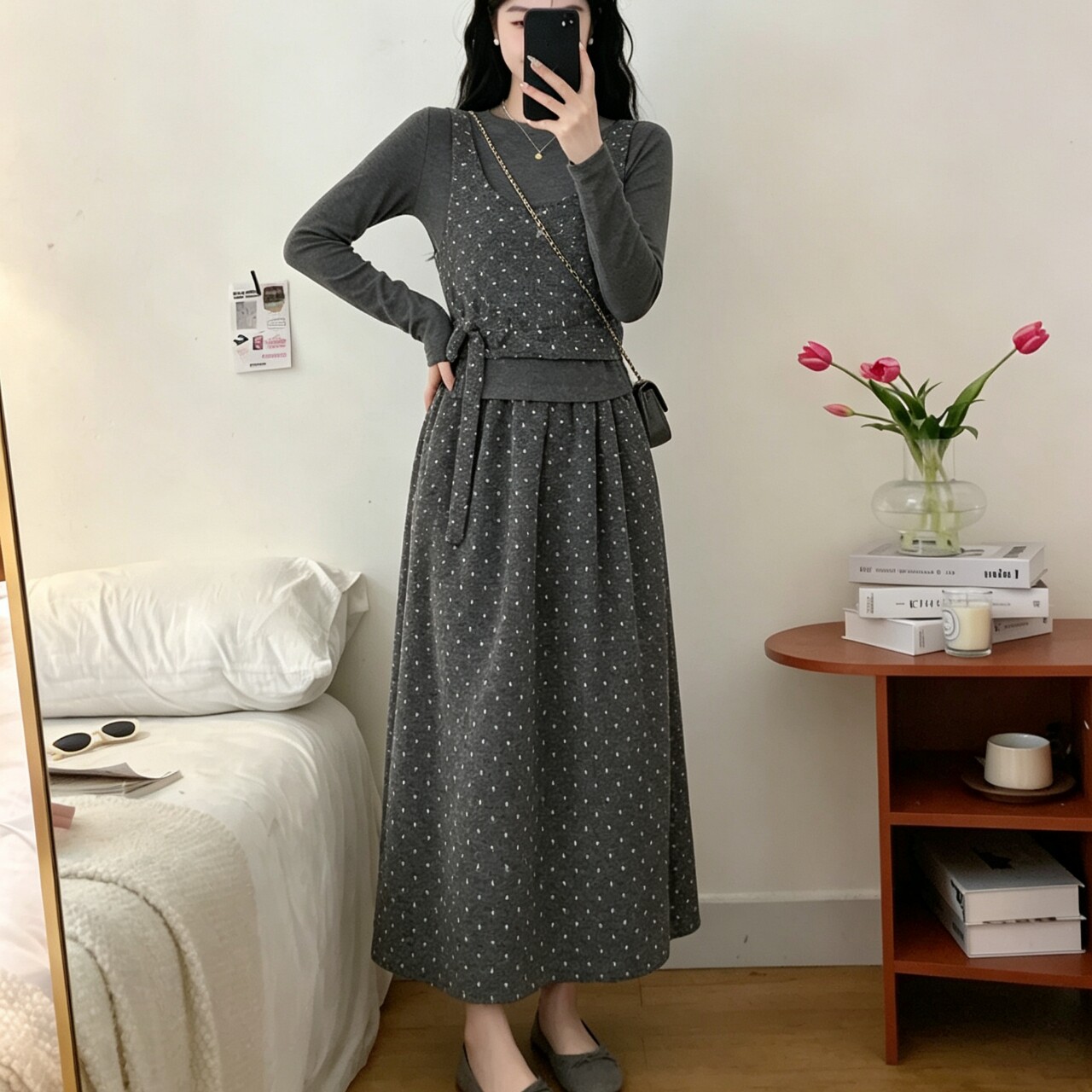大码背心打底衫半身裙三件套波点连衣裙女秋冬微胖mm收腰显瘦韩系