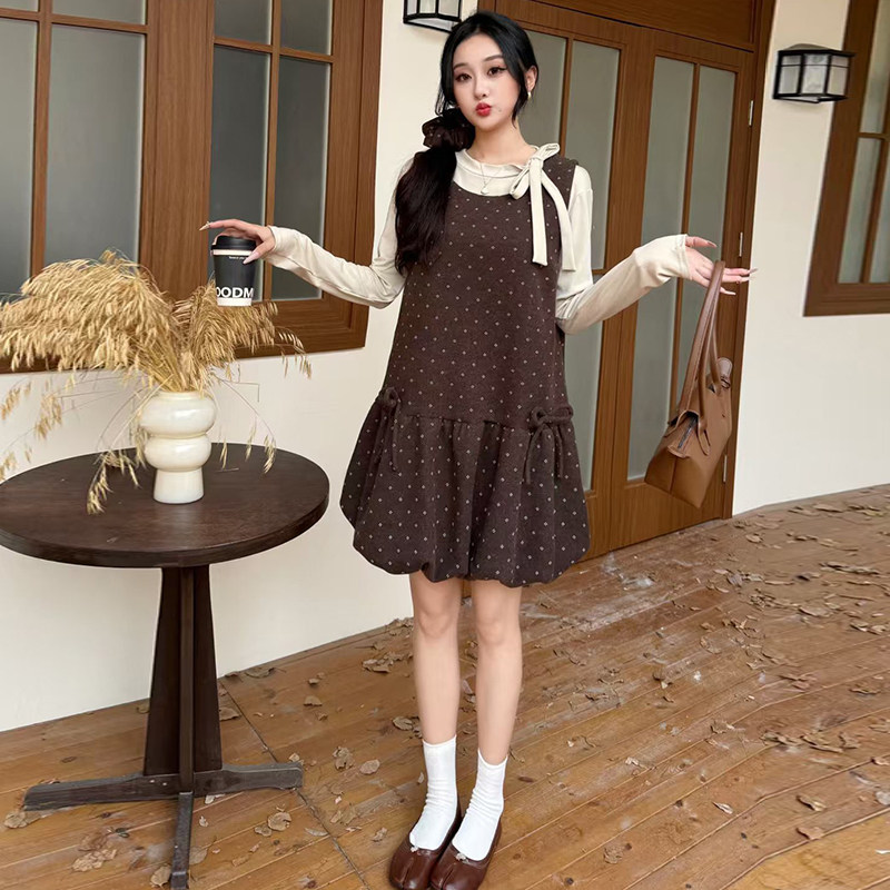 日系甜美可爱软妹学院风两件套娃娃领上衣波点连衣裙套装送发饰