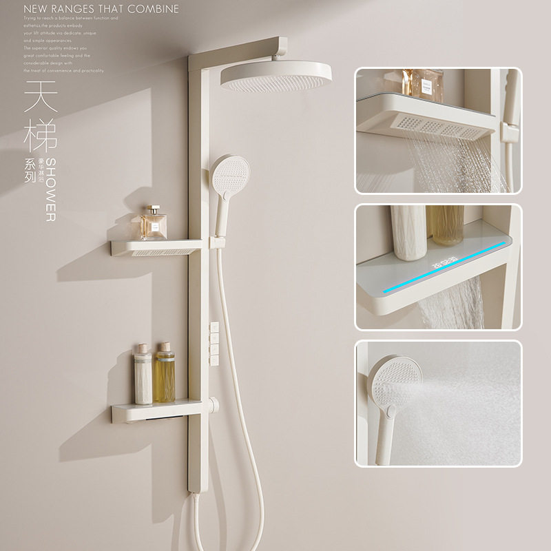 逐一新款现代天梯花洒套装双层置物功能白色恒温花洒大雨淋多模式