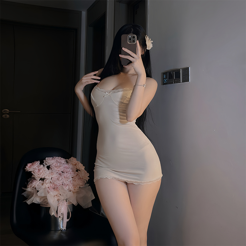 纯欲风蕾丝边性感辣妹吊带裙女包臀无袖连衣裙睡裙带胸垫短裙